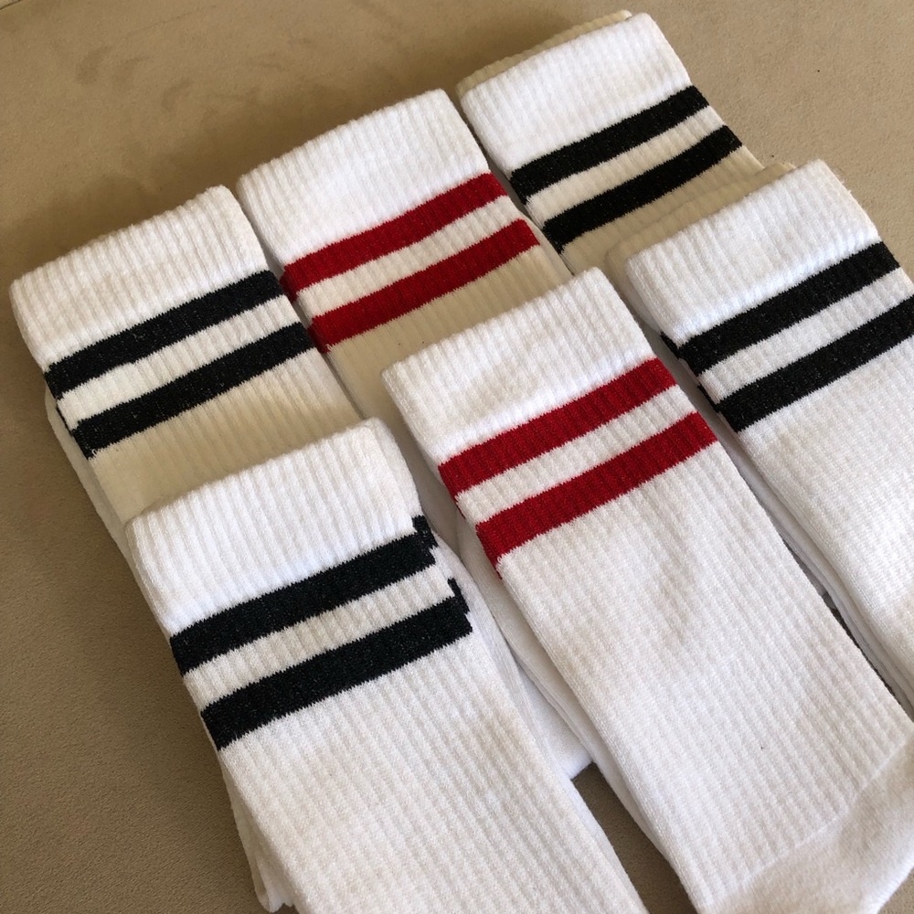 New Mens Classic White Socks with Black and Red Stripes Running Sports Athletic